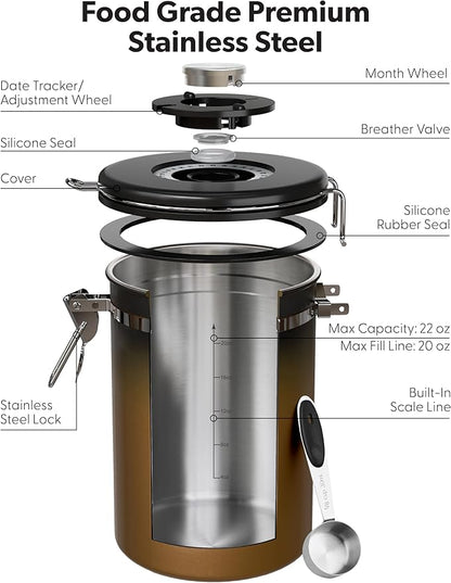 Veken Coffee Canister with Window,Airtight Stainless Steel Kitchen Food Storage Container, Date Tracker & Scoop for Grounds Coffee, Beans, Tea,Flour,Cereal,Sugar,22OZ,Copper (Pack of 2)