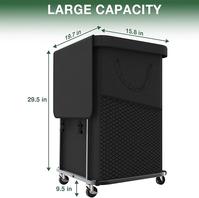 40 Gal(150L) Laundry Basket with Lid, Rolling Laundry Hamper with Wheels, Dirty Clothes Hamper with Metal Frame and Removable Bag Design, Suitable for Laundry Room, Bedroom - Black