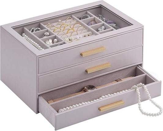 Lolalet Jewelry Box Organizer, 3-Layer Jewelry Organizers and Storage Case with Glass Lid, Ring Earring Bracelet Necklace Holder Organizer, Birthday Valentine Gifts for Women Girls -3Layer, HazePurple