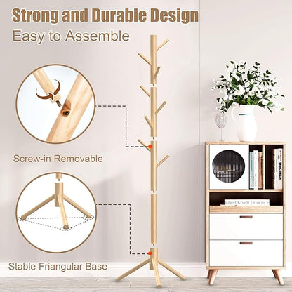 Wooden Coat Rack Stand, Freestanding Coat Rack with 8 Hooks, 3 Adjustable Size Coat Tree for Hats, Coats, Scarves bags, Coat Hanger Stand Used in Bedroom/Office/Entryway,2 PCS (Natural)