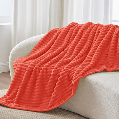 BEDELITE Fleece Throw Blanket for Couch - 300GSM Soft & Warm Fluffy Coral Red Blanket, Decorative and Giftable Striped Blankets for Women, Men, 50"x60"