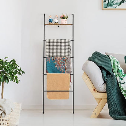 Blanket Ladder Holder for Living Room Farmhouse Decorative Ladder Holder with Storage Shelf, Wall Leaning Quilt Towel Rack for Bathroom, Bedroom, Rustic Home Decor, Black