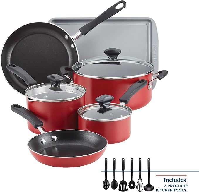Farberware Cookstart DiamondMax Nonstick Cookware/Pots and Pans Set, Dishwasher Safe, Includes Baking Pan and Cooking Tools, 15 Piece - Red