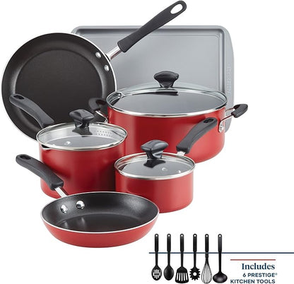 Farberware Cookstart DiamondMax Nonstick Cookware/Pots and Pans Set, Dishwasher Safe, Includes Baking Pan and Cooking Tools, 15 Piece - Red
