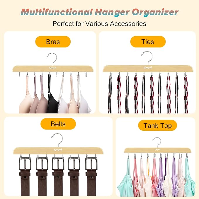 Gomyrod Bra Hanger for Closet, Tank Top Hangers 2 Pack w/20 Hooks Holds 40 Bras, Capacity Foldable Wood Space Saving Hanger, 360°Rotating Closet Organizers and Storage for Dorm & Apartment