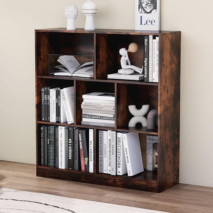 7 Cube Wooden Bookshelf with Base,3-Tier Freestanding Open Storage Organizer,Multi-Functional Bookcase for Living Room,Bedroom,Study and Office (Dark Brown, 7-Cube)