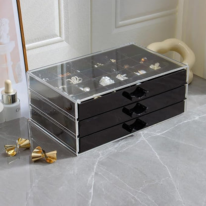 YUFONG Earring Storage Box Organizer 3 Drawers Acrylic Jewelry Storage Box Holder Transparent Jewelry Display Stand with 72 Small Compartments Gift for Women Girls (Black)