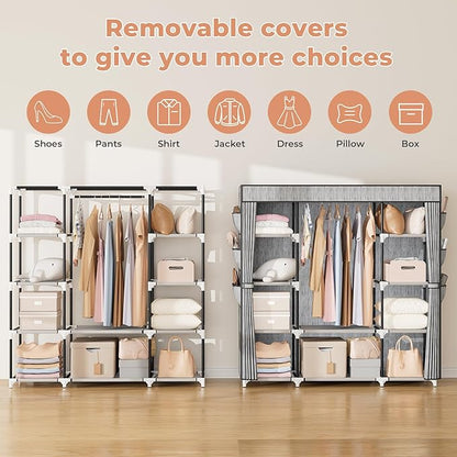 VTRIN Portable Closet Wardrobe for Hanging Clothes 57.3 Inch Large Capacity Clothes Rack with Cover, 10 Storage Organizer Shelves, 1 Hanging Rods and 6 Pockets, Free Standing Closet, Printing