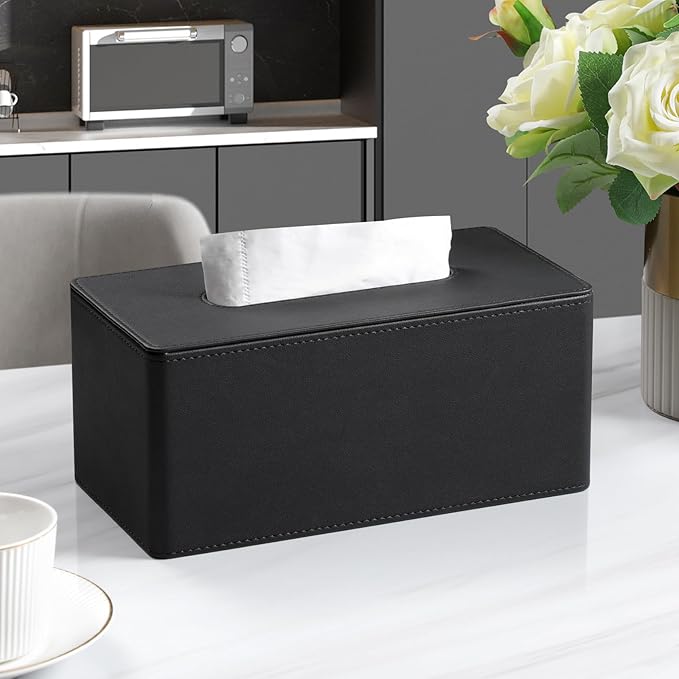 MEIBOOCH PU Leather Tissue Box Cover for 120(3-Ply)/ 160(2-Ply) Count Box of Tissues, Rectangle Tissue Box Holder for Bathroom Bedroom Living Room Office (Black)