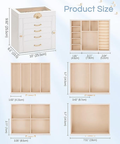 Jewelry Box with 4 Drawers: Display Organizer for Earrings Necklaces - Christmas Gifts for Girls Women (White)