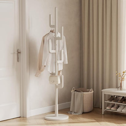Solid Wood Cactus Coat Rack, Freestanding Coat Rack With 6 L-Shaped Hooks and 3 Adjustable Sizes, Coat Tree for Bedroom, Entryway, Livingroom, Coat Hanger Stand for Coats, Handbags (White)