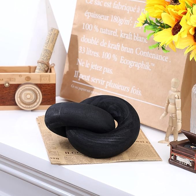 2 Link Wood Chain Link Decor Coffee Table Wooden Knot Decor Hand Carved Modern Farmhouse Ornament Boho Rustic Natural Chain Items for Home Living Room Bedroom Shelf Decorations(Black)
