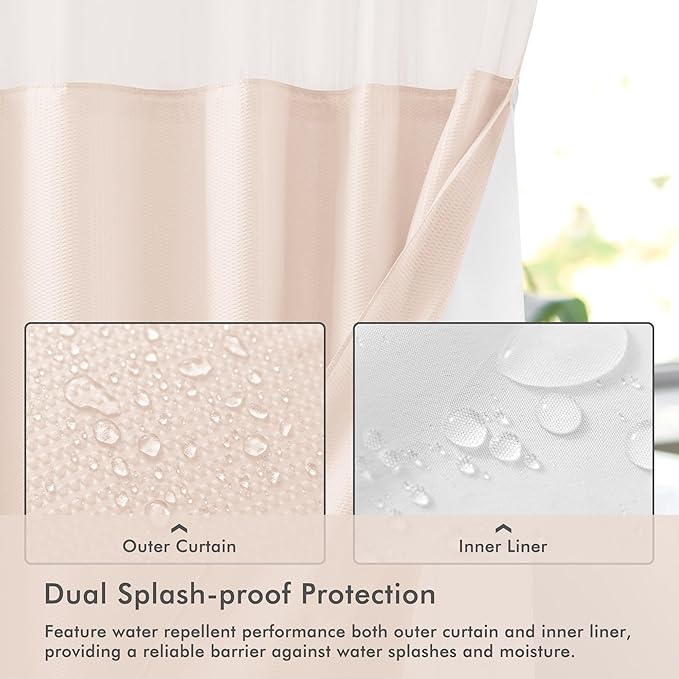 Mrs Awesome No Hook Shower Curtain with Snap-in Liner, Embossed Waffle Design Fabric Shower Curtain for Bathroom, Soft & Lightweight, 71x74, Pink