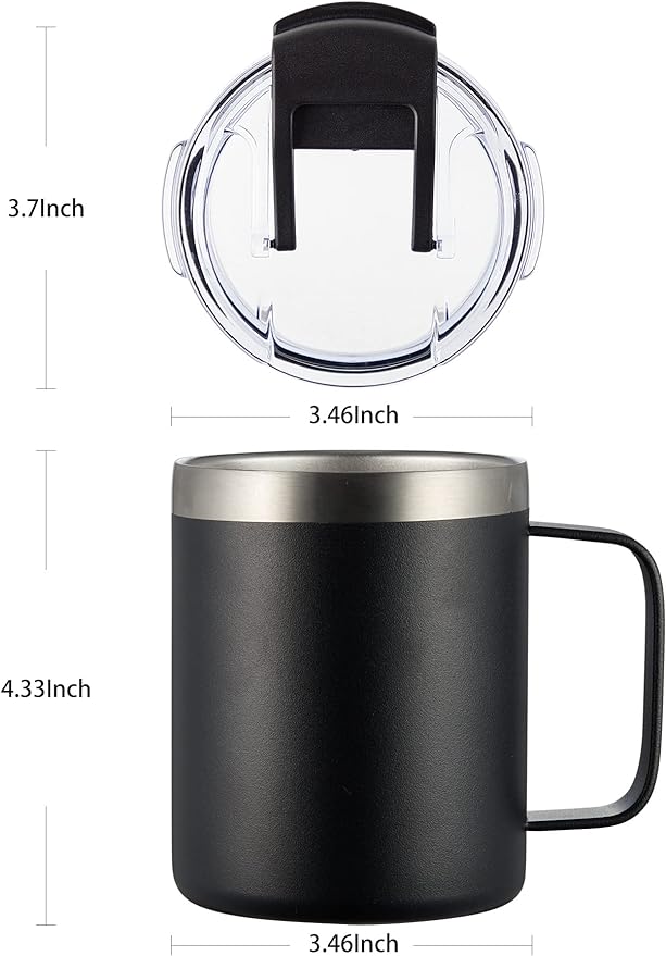 12oz Stainless Steel Insulated Coffee Mug with Handle, Double Wall Vacuum Tumbler Cup with Fliping Lid, Black, 2 Pack