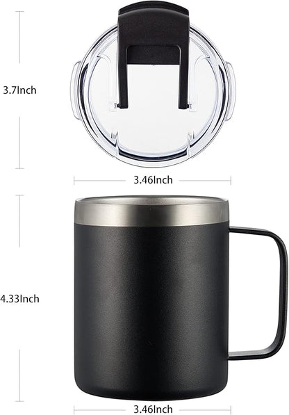 12oz Stainless Steel Insulated Coffee Mug with Handle, Double Wall Vacuum Tumbler Cup with Fliping Lid, Black, 4 Pack