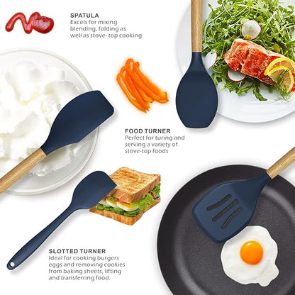 oannao Silicone Cooking Utensils Set - 446°F Heat Resistant Silicone Kitchen Utensils for Cooking,Kitchen Utensil Spatula Set w Wooden Handles, BPA FREE Gadgets for Non-Stick Cookware (Navy Blue)