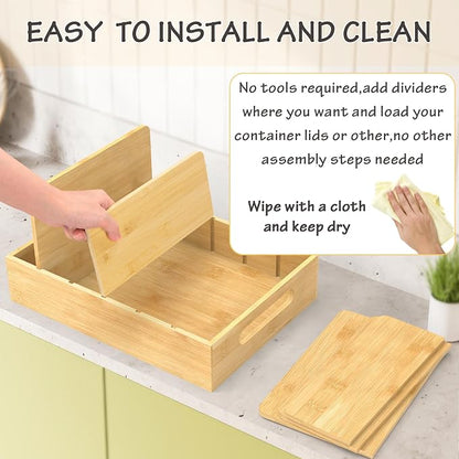 Retro Shaw Bamboo Lid Organizer for Plastic Lids, Adjustable Tall Dividers for Cabinet Drawer, Food Container Lid Holder for Kitchen Storage and Organization