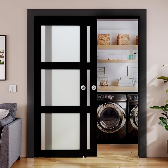SMARTSTANDARD Bypass Sliding Closet Doors 72x80 in (Double 37in) for Bedroom, 3-Lite Frosted Glass Bypass Door with Hardware Kit Included, Preassembled Door Panel, Water-Proof PVC Surface, Black