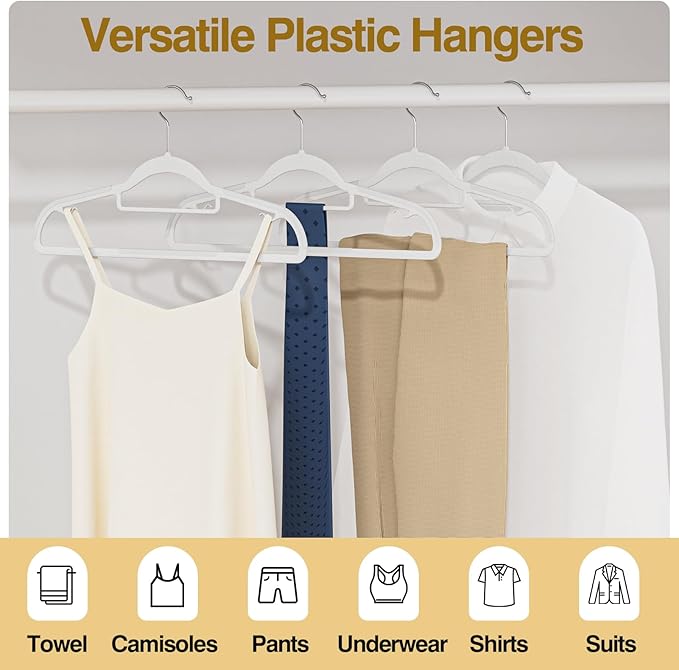 Plastic Hangers 50 Pack, 16.5 in Heavy Duty Clothes Hangers with 360° Swivel Hook, Non-Slip Bar & 0.2" Ultra-Slim Space-Saving Closet Organizers for Coats, Pants, Suits, Shirts, White