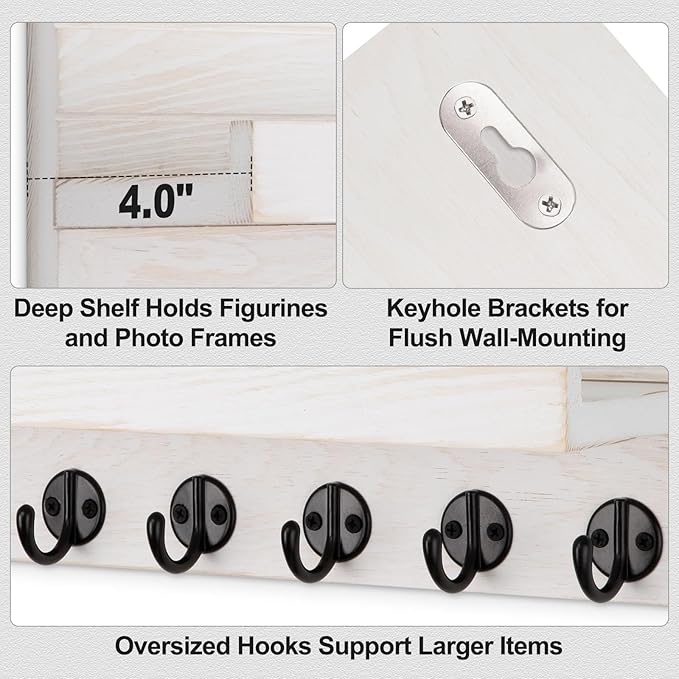 Key Holder Wall Mount, Entryway Key and Mail Holder with 7 Sturdy Hooks for Sunglasses, Dog Leash, Decorative Wall Shelf with Mounting Hardware, 15”W x 6.7”H x 4.2”D