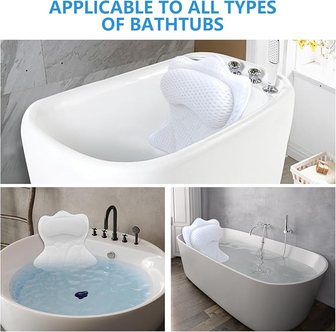 REEZEIVI Bath Pillows for Tub,Bath Pillow with 6 Non-Slip Suction Cups,Soft 4D Mesh Fabric,Bathtub Pillows for Tub Neck and Back Support,Extra Thick Luxury Bathtub Pillows,White