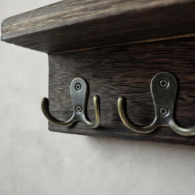eBun Narrow Wood Mail Holder 2-Pack with 12 Key Hooks | Wall Mount, No-Drill Magnetic, Vertical Mail & Bills Slot, Entryway Decor