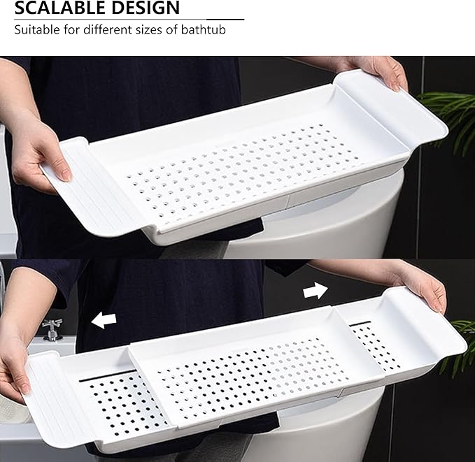 Bath Tub Tray - Stretchable, Strong Load-Bearing, Plastic, Anti-Slip Design - Ultimate Bathtub Caddy Tray (White)