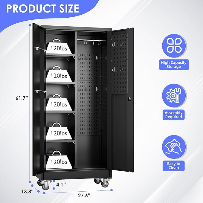 Metal Broom Closet Storage Cabinet, Garage Storage Cabinet with Wheels, 5 Pegboard, Hanging Rod and 13 Hooks for Garage Home, Black, Assembly Required, 61.7" H x 27.6" W x 13.8" D