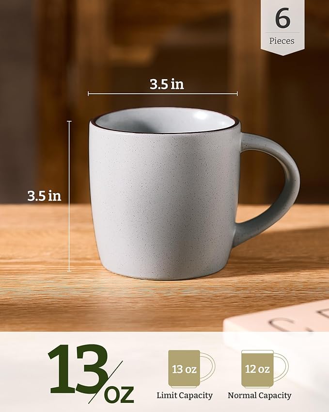 famiware Mercury Coffee Mugs 13 oz, Coffee Mugs Set of 6 with Handle, Cups for Latte, Hot Tea, Cappuccino, Mocha, Cocoa, Light Grey