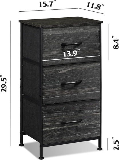 WLIVE Nightstand with 3 Drawers, Fabric Dresser, Organizer Unit, Storage Dresser for Bedroom, Hallway, Entryway, Closets, Steel Frame, Wood Top, Easy Pull Handle, Charcoal Black Wood Grain Print