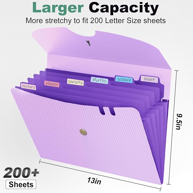 Sooez 7 Pocket Expanding File Folder, Premium Accordion Organizer with Labels, Letter Size Folders for Documents, Filing Bungee Closure, Portable School Office, Purple, SZA0104-0903A