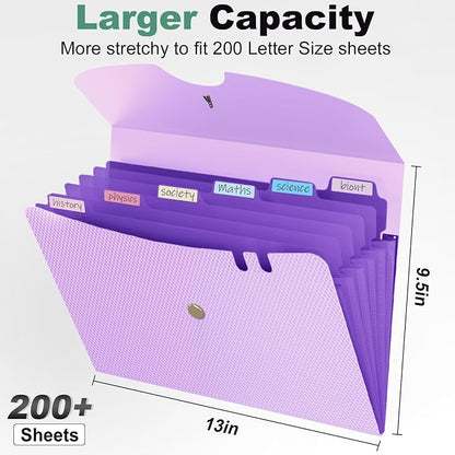 Sooez 7 Pocket Expanding File Folder, Premium Accordion Organizer with Labels, Letter Size Folders for Documents, Filing Bungee Closure, Portable School Office, Purple, SZA0104-0903A
