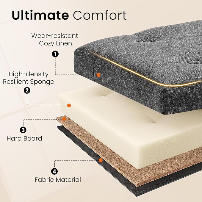 Furniliving Storage Bench, Upholstered Linen Ottoman Bench with Button-Tufted, Folding Bedroom Bench with Wood Legs, Entryway Bench for Bedroom, Grey