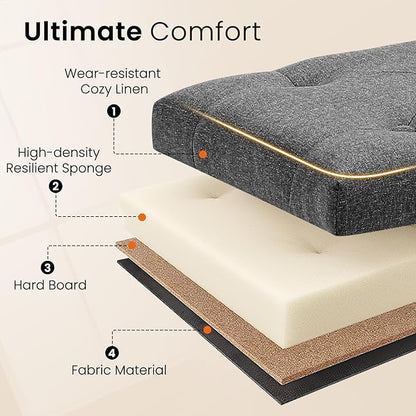 Furniliving Storage Bench, Upholstered Linen Ottoman Bench with Button-Tufted, Folding Bedroom Bench with Wood Legs, Entryway Bench for Bedroom, Grey