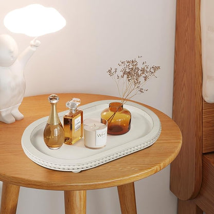 Urban Deco Oval Wooden Decorative Tray Set of 2, Farmhouse Vintage Decorative Tray Stand for Coffee Table, White Serving Tray for Living Room Kitchen Home Decor - 2 Pack