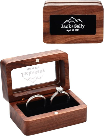 Custom4U Personalized Name Wooden Ring Box 2 Slots Vintage Rustic Ring Holder Box for Wedding Ceremony Rectangle Storage Jewelry Box for Women