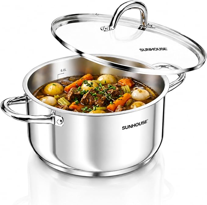 Sunhouse 8 Quart Stock Pot with Lid - 3-Ply Base Stainless Steel Cooking Pot - 8 QT Canning Dutch Oven Stock Pots - Oven Safe & Induction Cookware