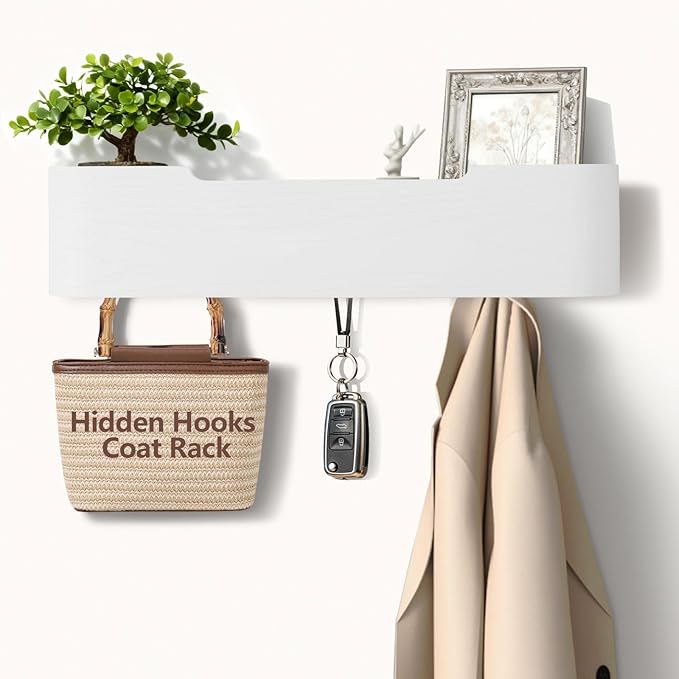 Coat Rack Wall Mount with Shelf 4 Hidden Hooks Modern Wooden Key Holder Entryway Organizer for Hallway Bedroom Bathroom Home Decor Storage for Hanging Coats Hats Bags Towels, White