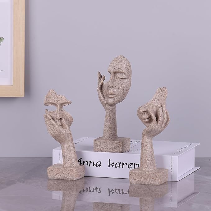 oliruim 3 Pcs Thinker Small Statue Set - Art Resin Abstract Home Accent Figurines for Decor Woman Apartment Bookshelf Floating Shelf Coffee Table Office Desk Counter Decor (3 Pcs Sandstone, 6")