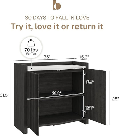 BELLEZE Set of 4 Modular Sideboard Buffet Cabinet with Storage,140 Inch Modern Credenza with Adjustable Shelves, Fluted Black Console Table with Faux Marble Panel for Kitchen, Entryway, Dining Room