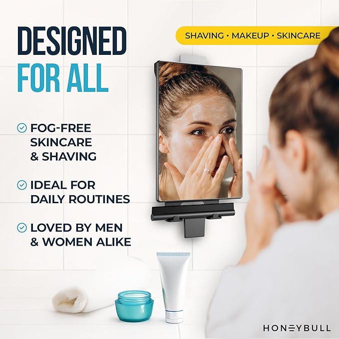 HONEYBULL Fogless Shower Mirror for Shaving – Anti Fog Mirror for Shower with Water Tank, Adhesive Hook Mount, Bonus Razor Holder & Squeegee – for Men and Women, Small Bathroom Accessory (Black)