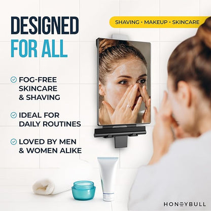HONEYBULL Fogless Shower Mirror for Shaving – Anti Fog Mirror for Shower with Water Tank, Adhesive Hook Mount, Bonus Razor Holder & Squeegee – for Men and Women, Small Bathroom Accessory (Black)