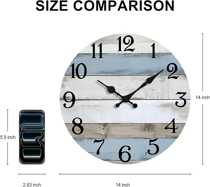 JoFomp 14 Inch Wall Clocks Battery Operated, Silent Non Ticking Wall Clock Wood, Coastal Country Design Rustic Wall Clocks for Living Room Decor, Large Wall Clock for Bedroom Kitchen Bathroom