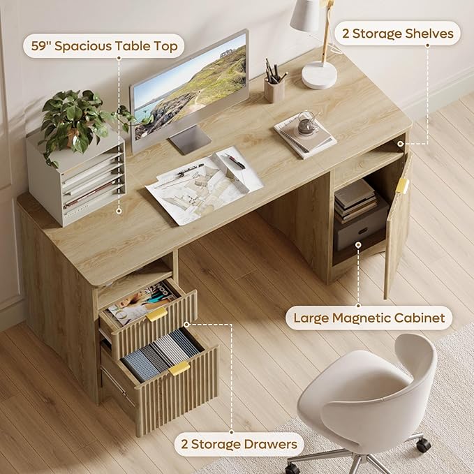 Bestier Computer Desk with 2 Drawer, 59 inch Office Desk with Storage Cabinet & 2 Open Storage, Fluted Executive Desk for Home Office & Studio, Brown Oak