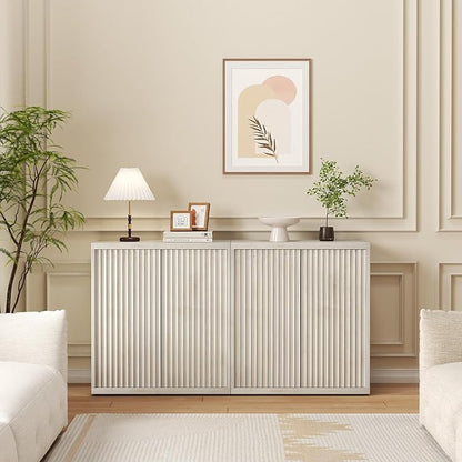 31” Sideboard Cabinet with Storage, Fluted Accent Cabinet with Adjustable Shelves, Modern Wood Credenza Cabinets with Pop-up Doors for Entryway Kitchen Living Room Hallway, White Oak 4pcs