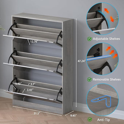 BORNOON Shoe Cabinet with 3-Flip Mirror Drawers, Freestanding Shoe Rack Organizer with Hidden Handle, Slim Narrow Shoe Storage Cabinet for Entryway, Entrance, Hallway, Bedroom