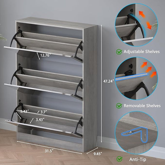 BORNOON Shoe Cabinet with 3-Flip Mirror Drawers, Freestanding Shoe Rack Organizer with Hidden Handle, Slim Narrow Shoe Storage Cabinet for Entryway, Entrance, Hallway, Bedroom