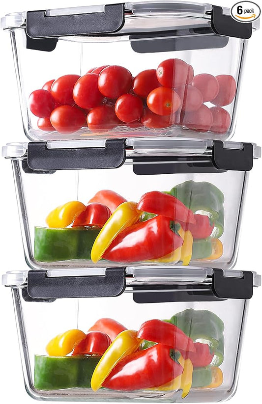 HOMBERKING 6 Pieces 63oz/8cup Large Glass Food Storage Containers with Lids, Meal Prep Containers, Airtight Bento Boxes with Leak Proof Locking (3 Containers 3 Lids), Microwave,Oven,Fridge Safe-Black
