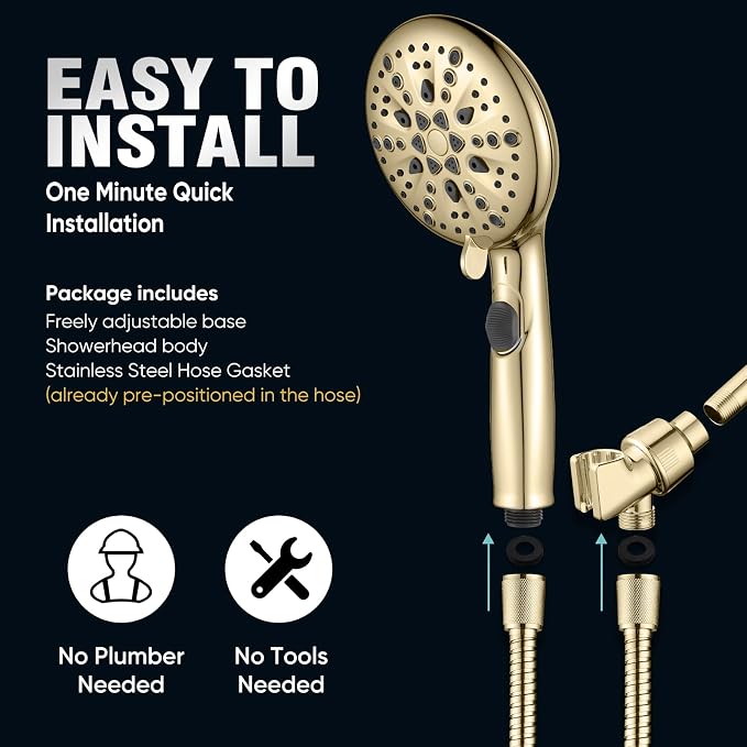 Cobbe 9-Function Shower Head with Built-in Power Spray, 1.8 GPM Water Saving ON/OFF Toggle Switch, High Pressure Handheld Showerhead with 1-Click Pause Button, Brass Bracket & 6ft Hose, Gold
