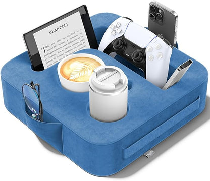 Couch Cup Holder Pillow, Sofa and Bed Organizer Caddy for iPad, Kindle, Switch, Game Controller, Remotes, Phones, Small-Sized Cup & Drink Holder for Couch, Bed, Desk, Car, Desk, Beach, Blue
